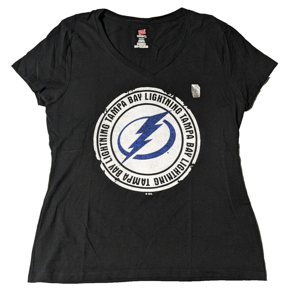 TAMPA BAY LIGHTENING Women Medium Black V-Neck‎ Stamp Logo T-Shirt NEW